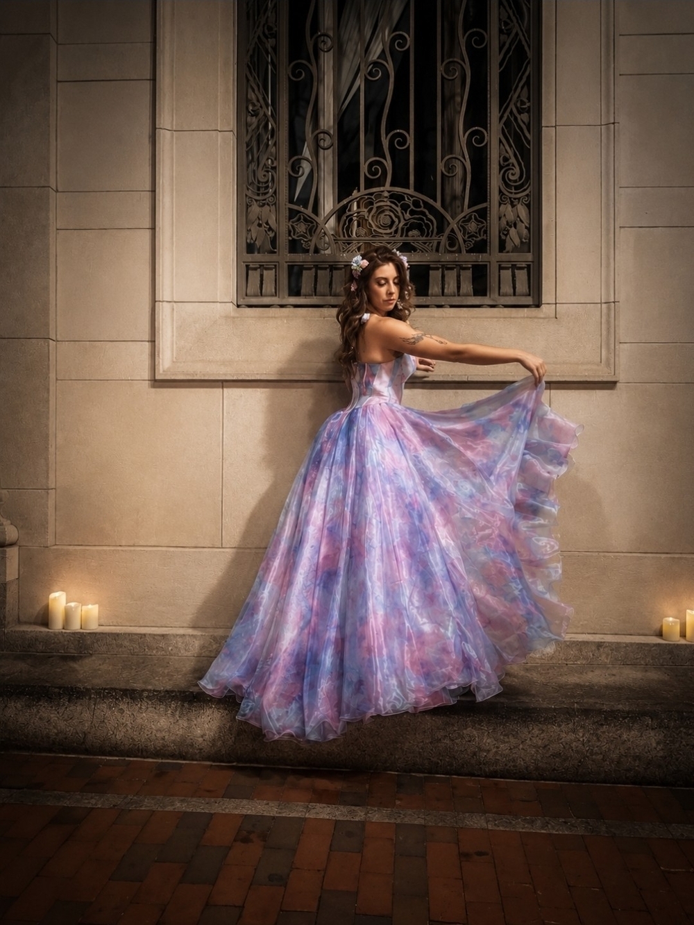 Rachel Allan Lavender & Pink Watercolor Tulle Ball Gown Maxi Dress